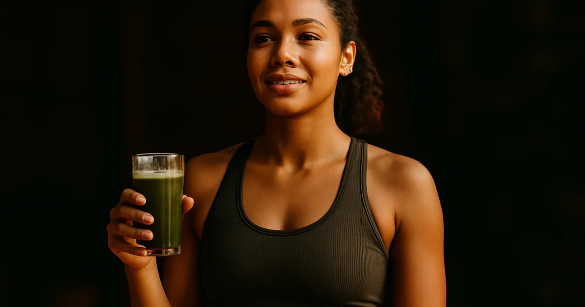Various greens supplements on a wooden table