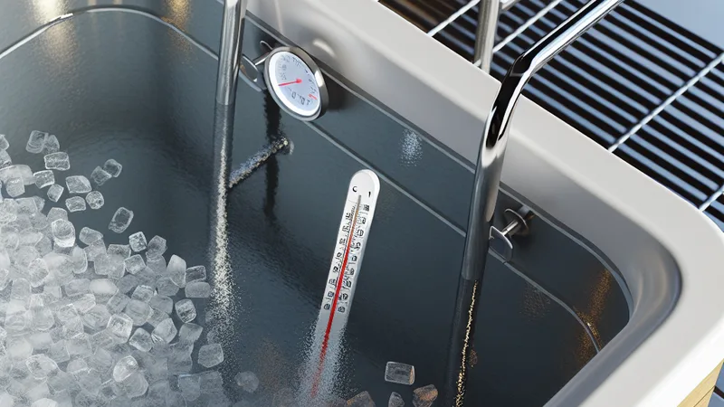 Person submerged in a cold plunge tub