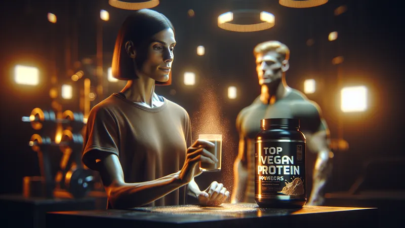 Scoop of vegan protein powder in a glass jar