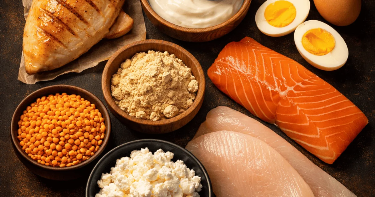 High-protein food sources arranged together — chicken, eggs, fish, yogurt, lentils