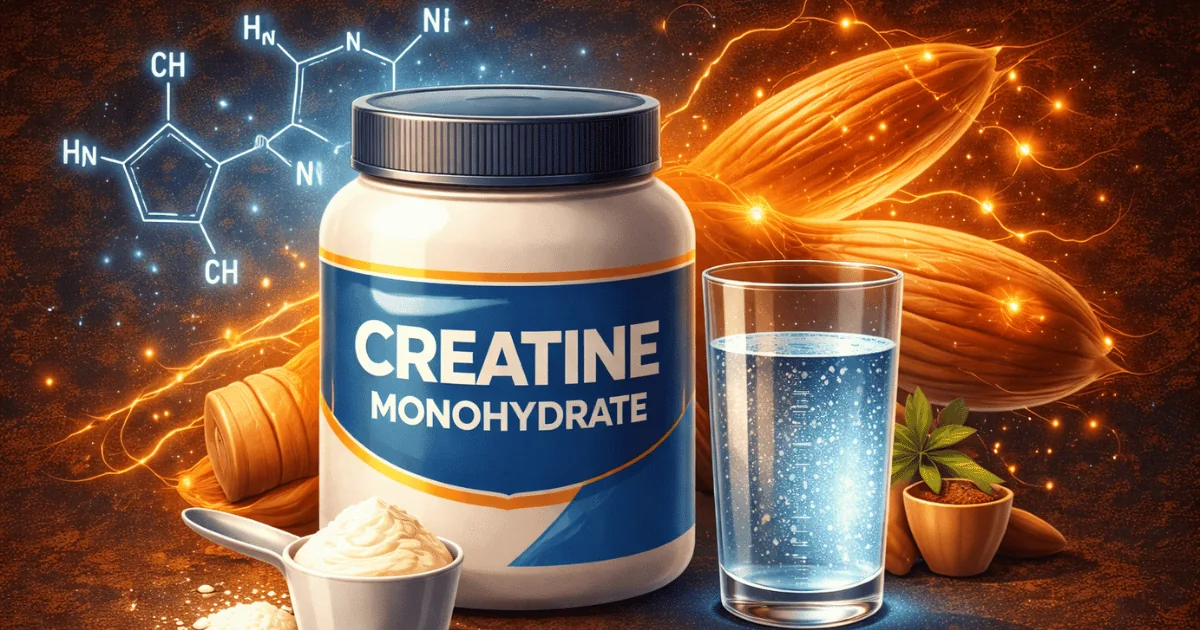 Creatine monohydrate scoop with molecular structure concept