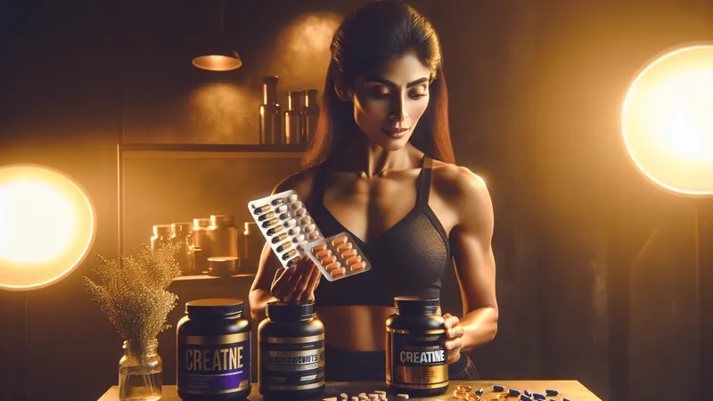 Various supplement bottles including creatine and whey protein