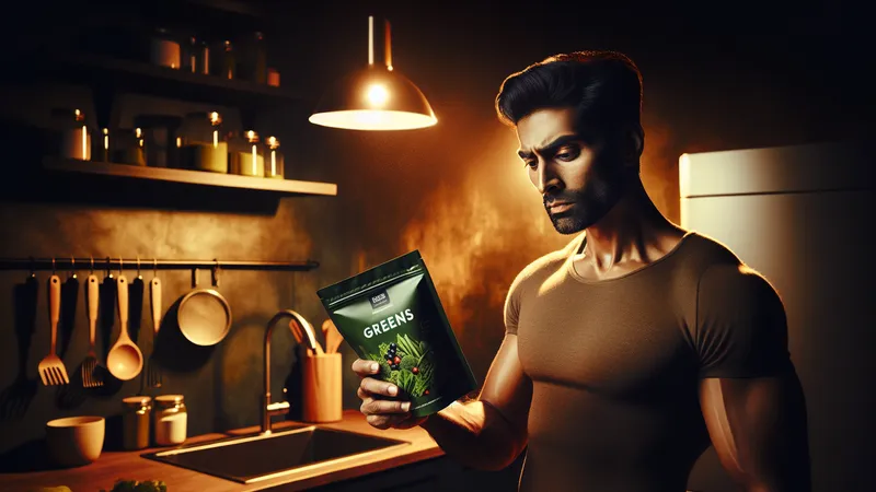 A scoop of greens powder next to fresh vegetables