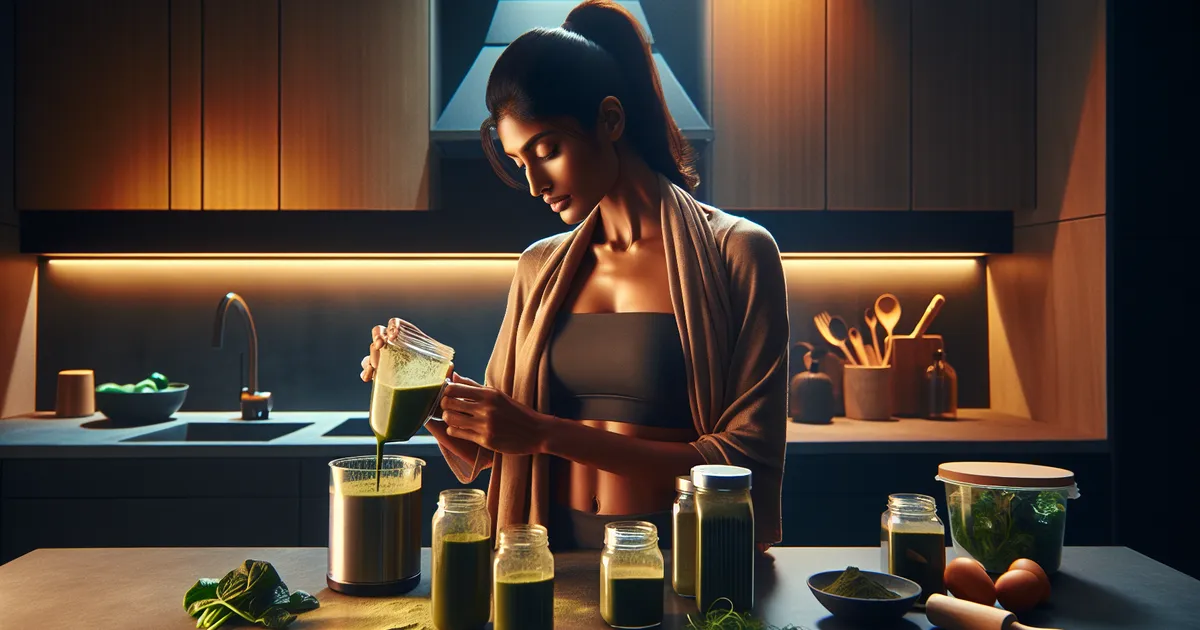 Various greens powders in containers on a wooden table