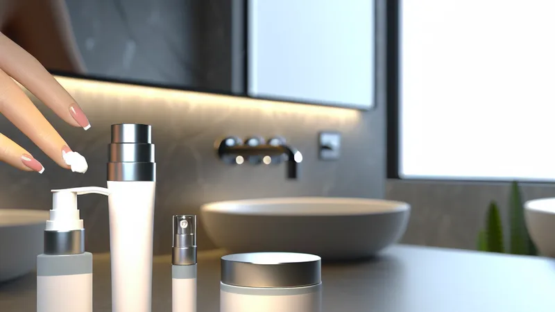 Skincare products lined up on a vanity