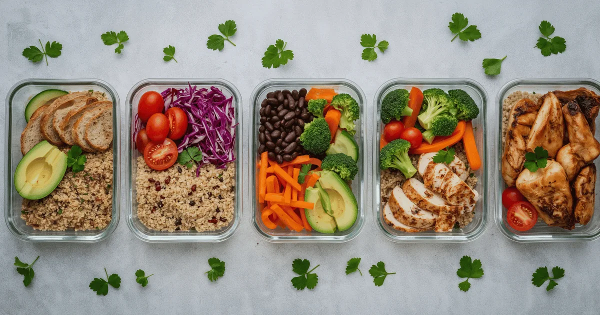 Organized meal prep containers with balanced meals for fat loss