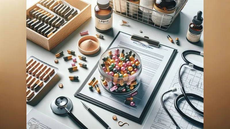 Pine bark extract Pycnogenol capsules and L-arginine powder on a desk with clinical research papers about erectile dysfunction treatment