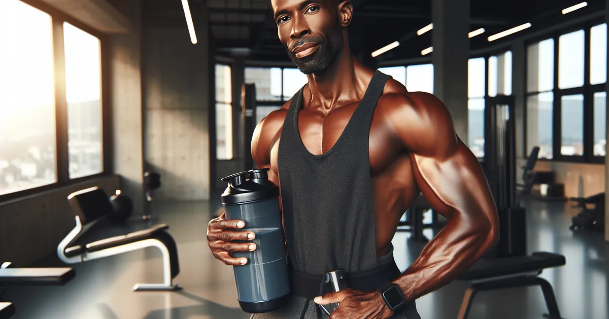 Confident man in his 40s at a gym holding supplements — pine bark extract and L-arginine for natural erectile dysfunction support
