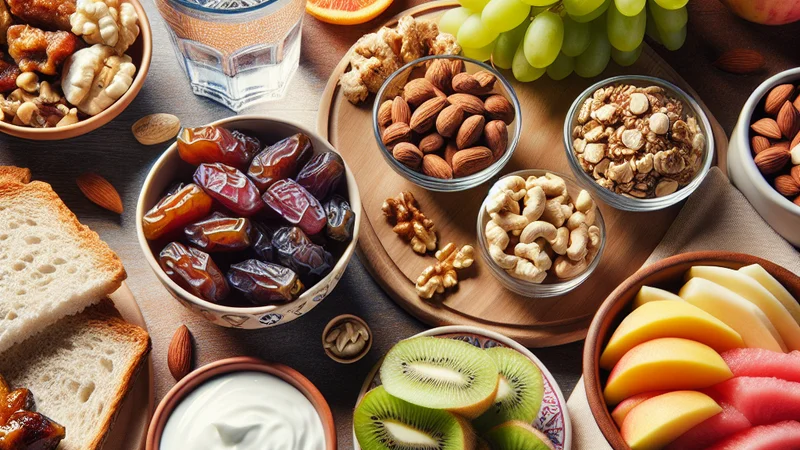 Close-up of various healthy foods for iftar during Ramadan