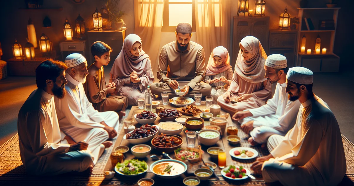 Muslim family enjoying an iftar meal during Ramadan