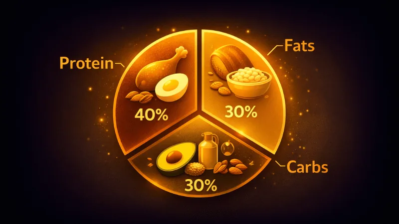 Macronutrient ratio pie chart showing protein, carbs, and fat distribution