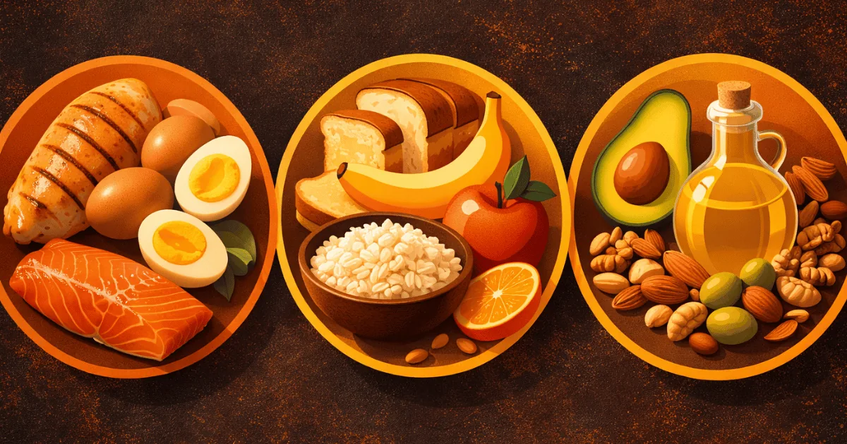 Three macronutrient groups — protein, carbs, and fat food sources