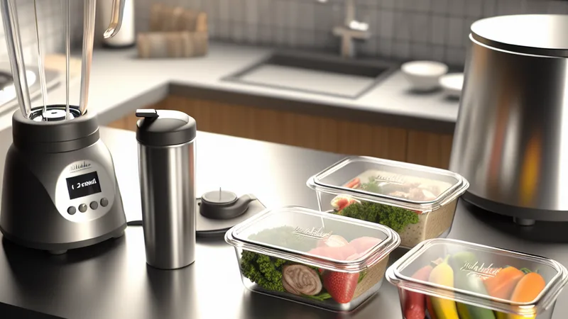 Halal meal prep containers next to a Vitamix blender