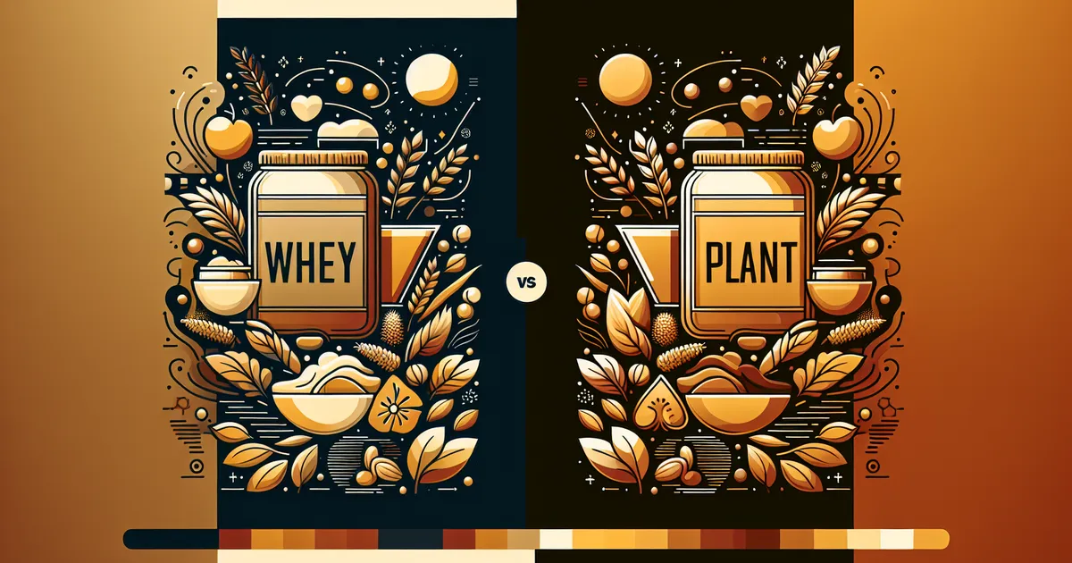 Whey protein powder next to plant protein powder